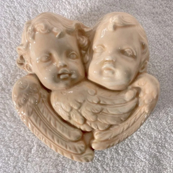 Vintage 1995 Peach Ceramic Cherub Angel Heads W Wings Trinket Dish With Lid - Picture 1 of 16